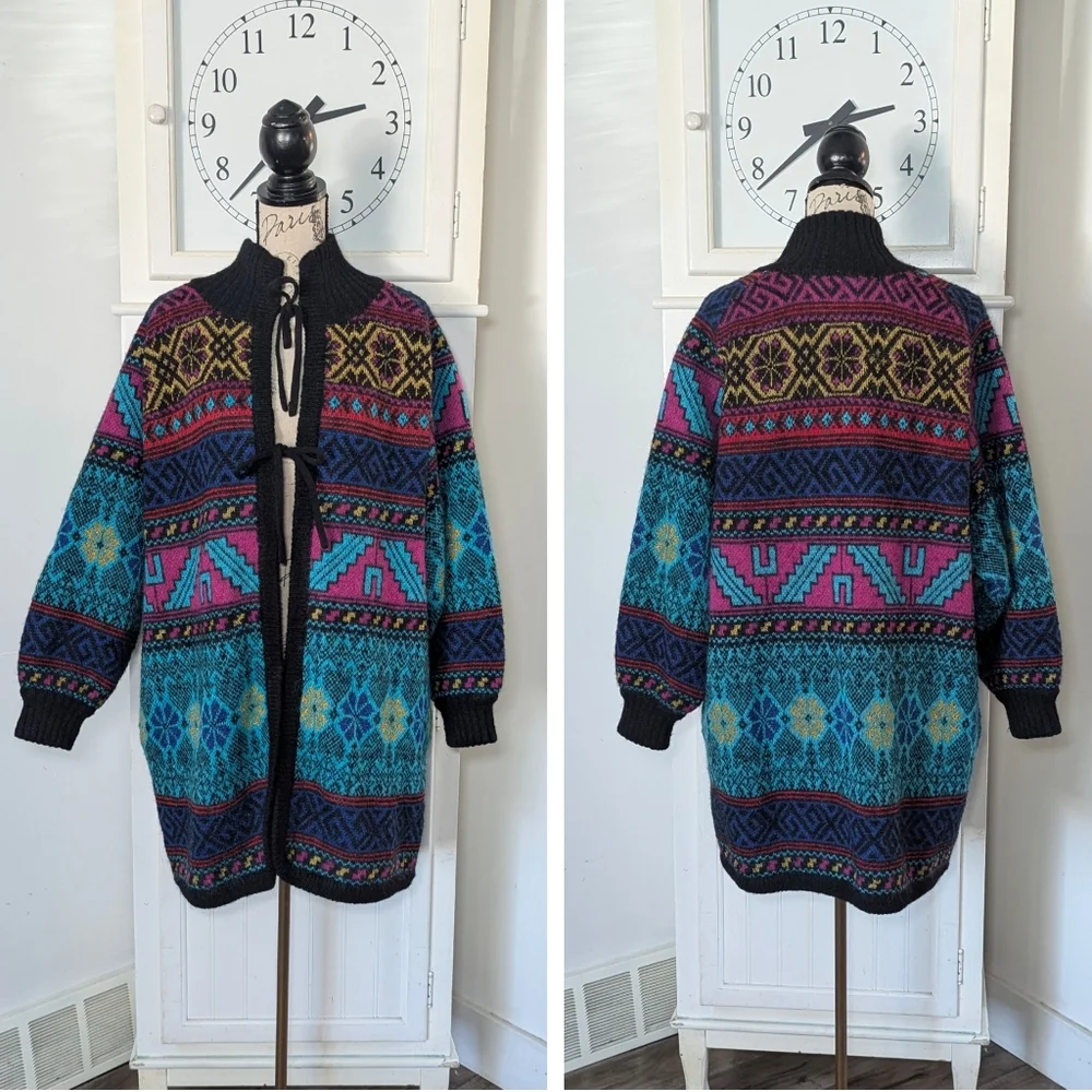 Vintage 80s/90s Southwest Wool Blend Sweater Coat Cardigan - Picture 3 of 5